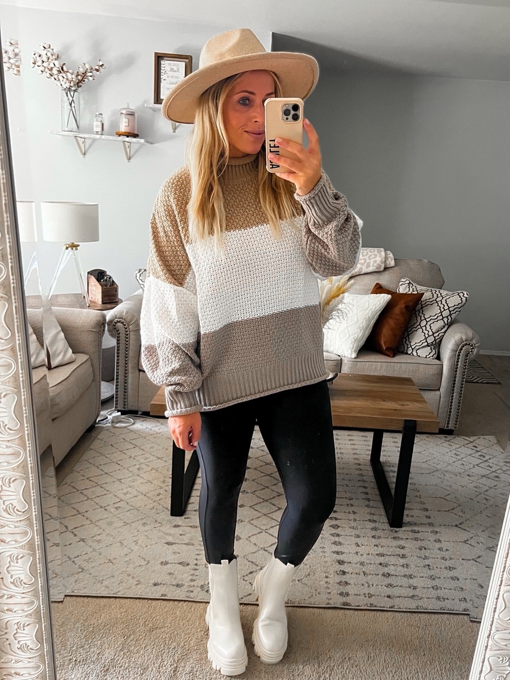 Colorblock Knit Sweater - Taupe, White & Gray